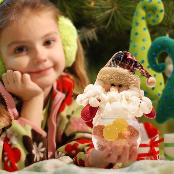 Clearance Under $1 Christmas Candy Jar with Plush Santa Lid – 6x3 Inch Novelty Cookie & Candy Storage Container for Kids' Treats, Holiday Table Decor & Gifts