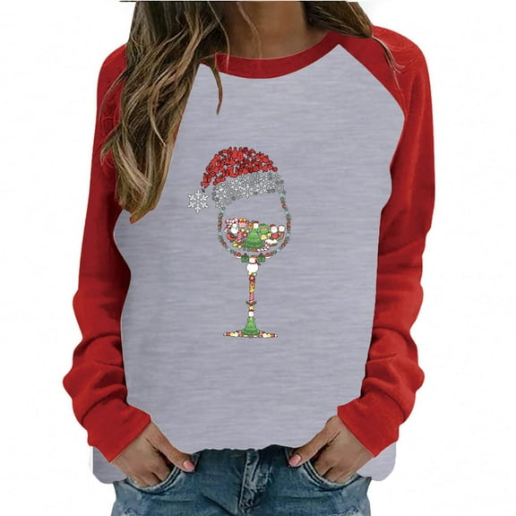under 10.00 LYXSSBYX Christmas Tops for Women Long Sleeve Plus Size Women's Spring Patchwork Christmas Printed Long Sleeves Round Neck Casual Tee Tops