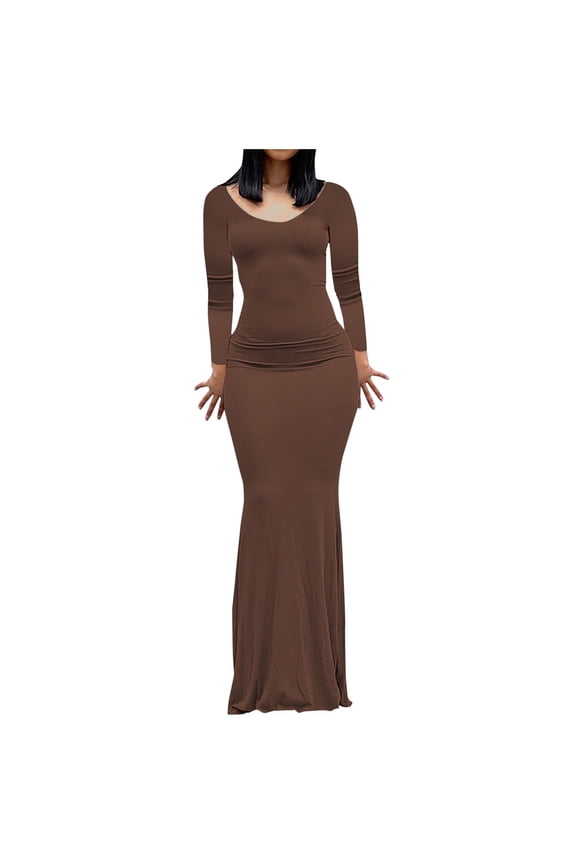 under 10.00 LYXSSBYX Fall Dresses for Women Long Sleeve Fashion Women Sexy Casual Buttocks Round-Neck Solid Slimming Long Leeve Dress