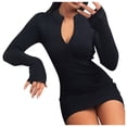 thumbnail image 1 of under 10.00 LYXSSBYX Fall Dresses for Women Long Sleeve Women's Fashion Sexy Medium Length Zipper Solid Long-Sleeved V-Neck Dress, 1 of 5