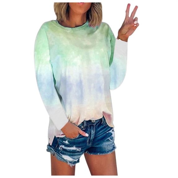 under 10.00 LYXSSBYX Long Sleeve Shirts for Women Women Casual Tie-Dye Printed Long Sleeve Round Neck T-Shirt Blouse Geometry Printed Shirts