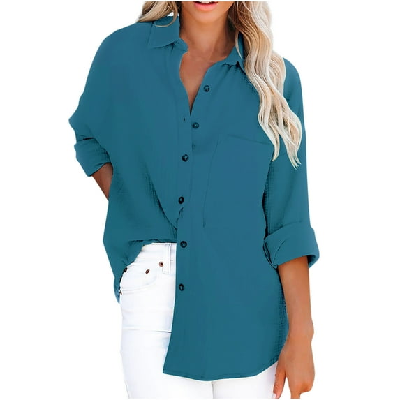 under 10.00 LYXSSBYX Long Sleeves Womens Tops for Women Shirts Tops Funny Fashion Solid Color Buttons Long Sleeve Loose Tops Blouse