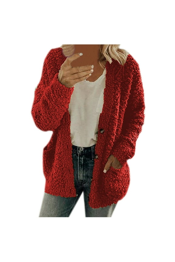 Clearance under 10.00 LYXSSBYX Plus Size Womens Jackets and Coats Clearance Women Casual Plus Size Plush Sweater Pockets Outerwear Buttons Cardigan Coat