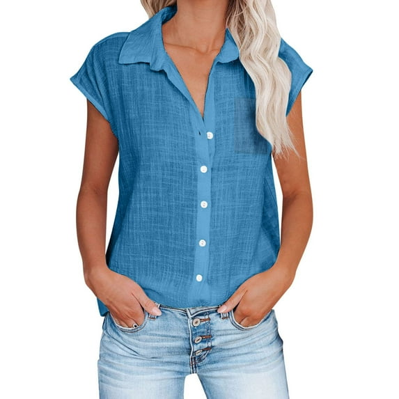 Clearance under 10.00 LYXSSBYX Short Sleeve Womens Tops Button up Fashion Women's Short Sleeve Turndown Collar Round-Neck Button Casual Elastic Comfy Blouse Shirts