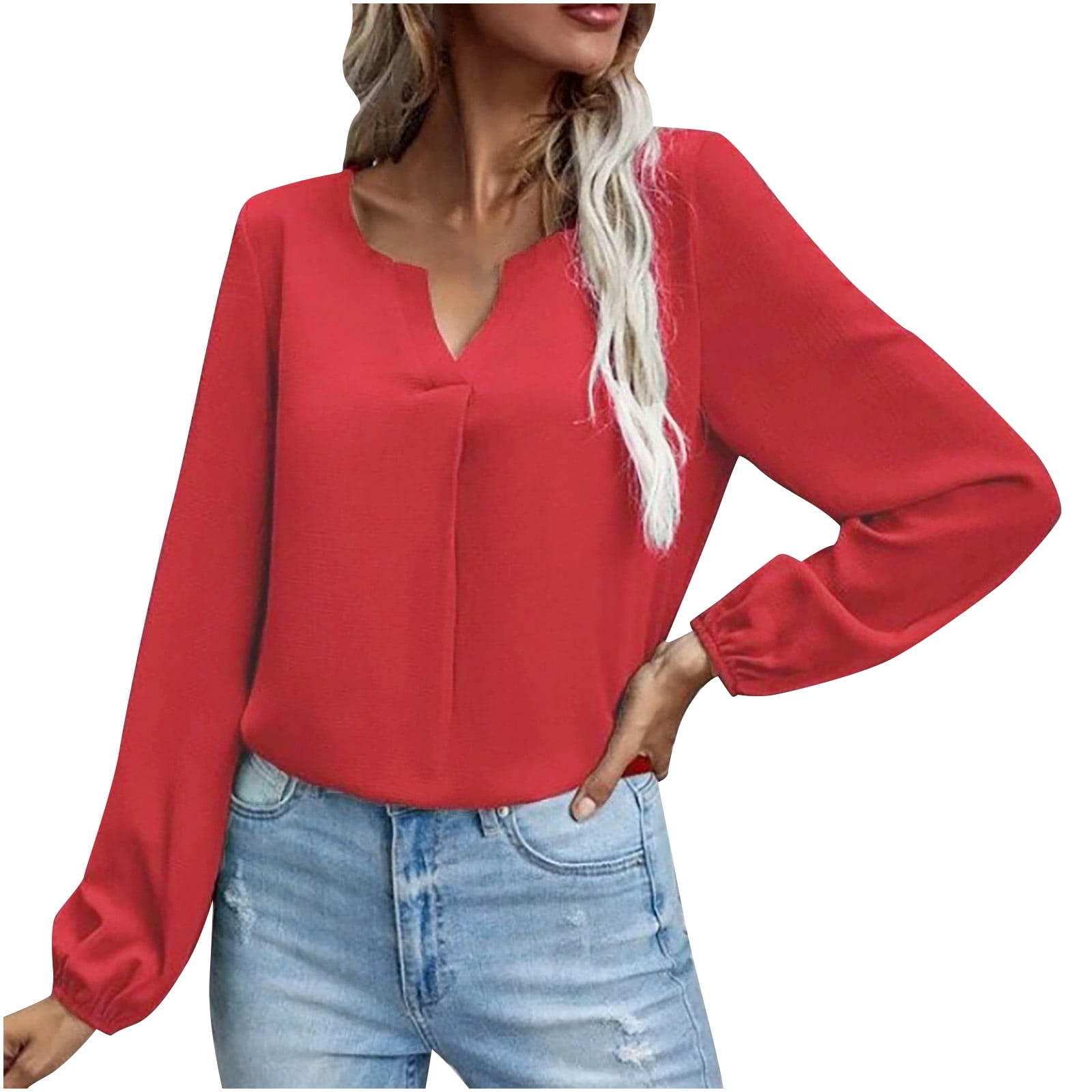 Clearance under 10.00 LYXSSBYX Solid Long Sleeves Hot Sale Clearance Women  Tops Satin Socket V-Neck Solid-color Commute Long Sleeve Blouses Shirt Tops, image size:1600x1600