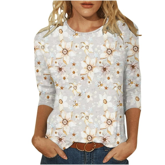 under 10.00 LYXSSBYX Womens Tops 3/115 Sleeve Women's Fashion Printed T-Shirt Mid-length 3/4 Sleeves Blouse Round Neck Casual Tops