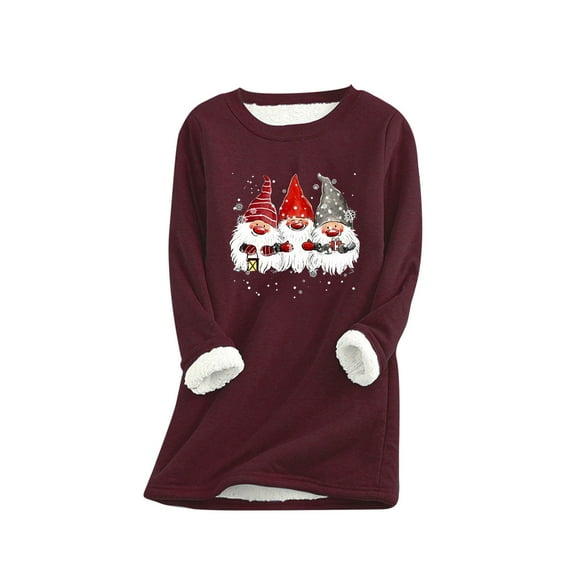 under 10.00 LYXSSBYX Womens Tops Long Sleeve Christmas Print Women Fashion Thick Fleece Sweatshirt Velvet Warm Round Neck Underwear Top