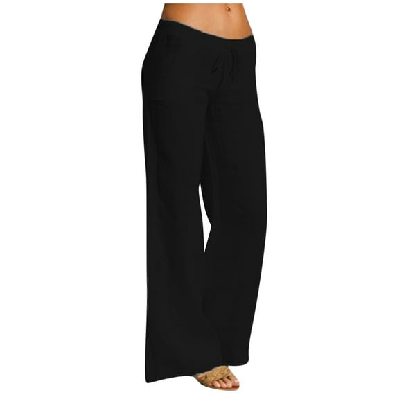 under 10.00 LYXSSBYX Womens Yoga Lounge Dress Pants Pants Work Office Business Casual Solid Cotton Linen Elastic Waist Drawstring Long Wide Leg Pants