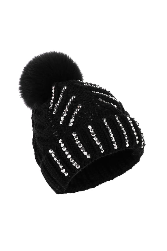 Adults Kids Winter Beanie Hat with Faux Fur Pompoms Warm Knit Skull Cap Sequin Soft Ski Beanie for Women Men