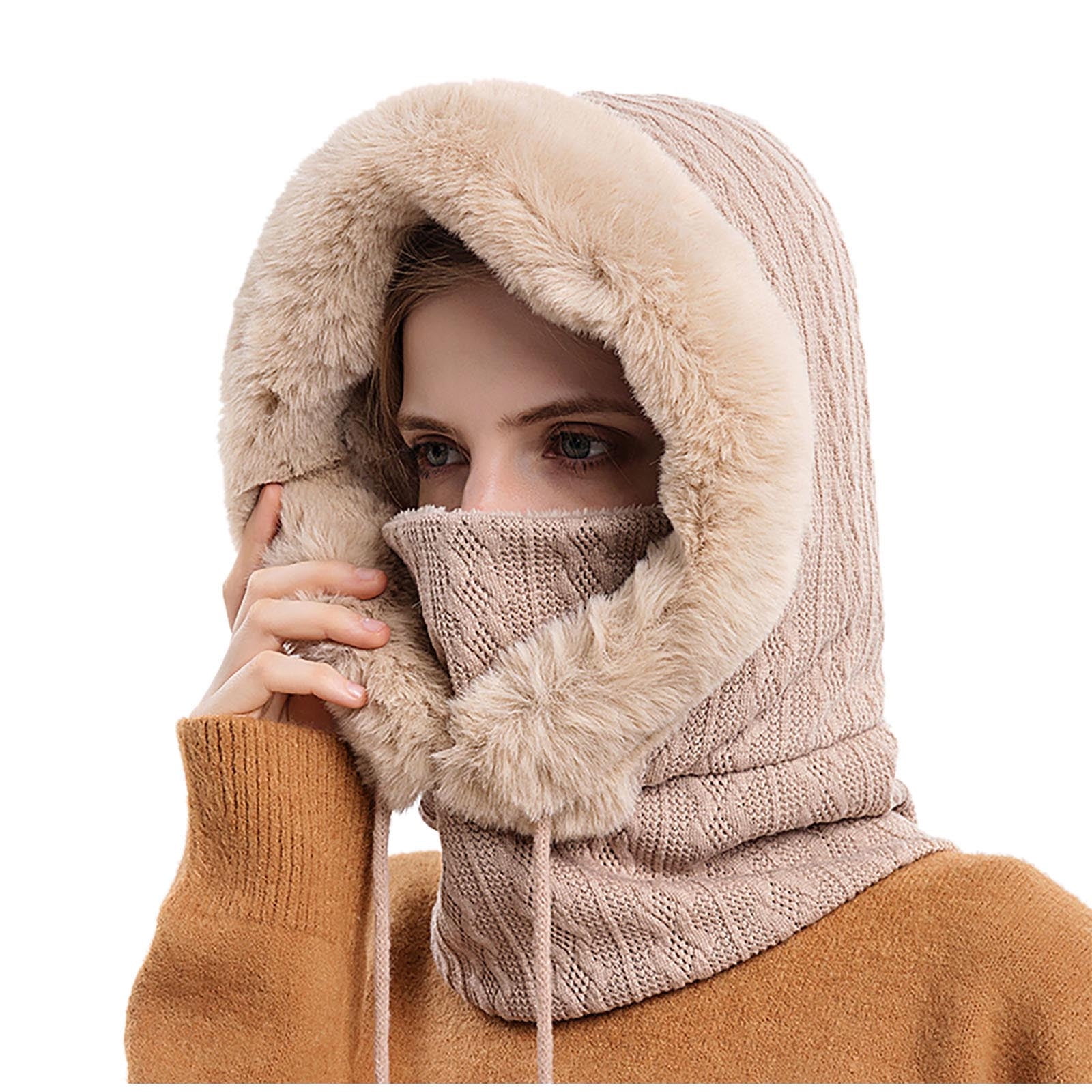 qolati Trapper Hat for Women Men with Mask Ear Flaps Knitted Windproof Winter Bomber Hats Cold Weather Warm Winter Faux Fur Hunting Balaclava Ski Hats
