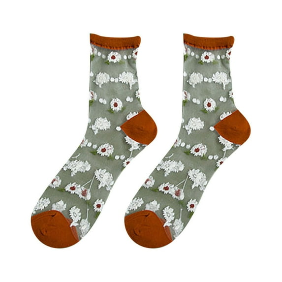 qolati Women Floral Sheer Crew Socks Elastic See Throughs Socks Summer Thin Mesh Lace Jacquards Socks Cute Cottagecore Accessories