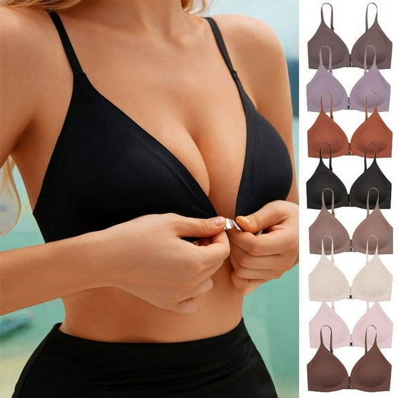 qolati Women's Front Closure T-Shirt Bra Seamless Full-Coverages No Underwire Lightly Padded Bras Wireless Comfortable Breathable Push Up Everyday Bras