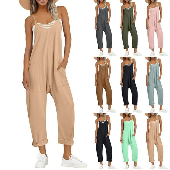 2025 Jumpsuits for Women Casual Oversize Fashion Solid Color Cold Shoulder Jumpsuit Solid Suspender Jumpsuits Wide Pocket Leg Pant