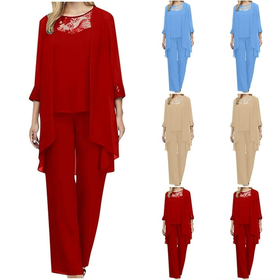 Autumn Plus Size 2 Piece Sets for Women Solid Color Long Sleeved Round Neck Loose Lace Chiffon Pants Cape Three Piece Set Including Cardigan