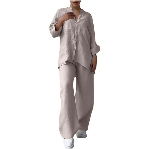 Autumn Plus Size 2 Piece Sets for Women Solid Color Retro Classic Wersatile Casual Cotton Linen Shirt Drawstring Wide Leg Pants Set Long Sleeved Round Neck Top/Shirt Set