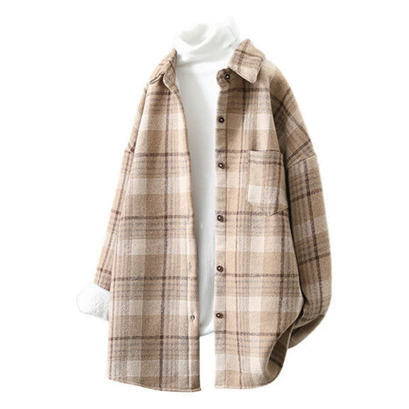 Autumn and Winter Plaid Jackets for Womens 2024 Plus Size Casual Plaid Shirt With Plush And Thickened Warm Button Pockets Long Sleeved Jacket Overcoat
