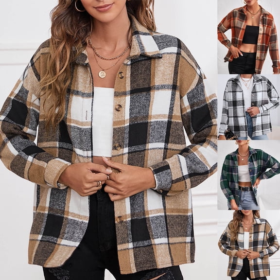 Autumn and Winter Plaid Jackets for Womens 2024 Plus Size Plaid Printed Long Sleeve Turn-down Collar Suit Cardigan Woolen Coat Tops
