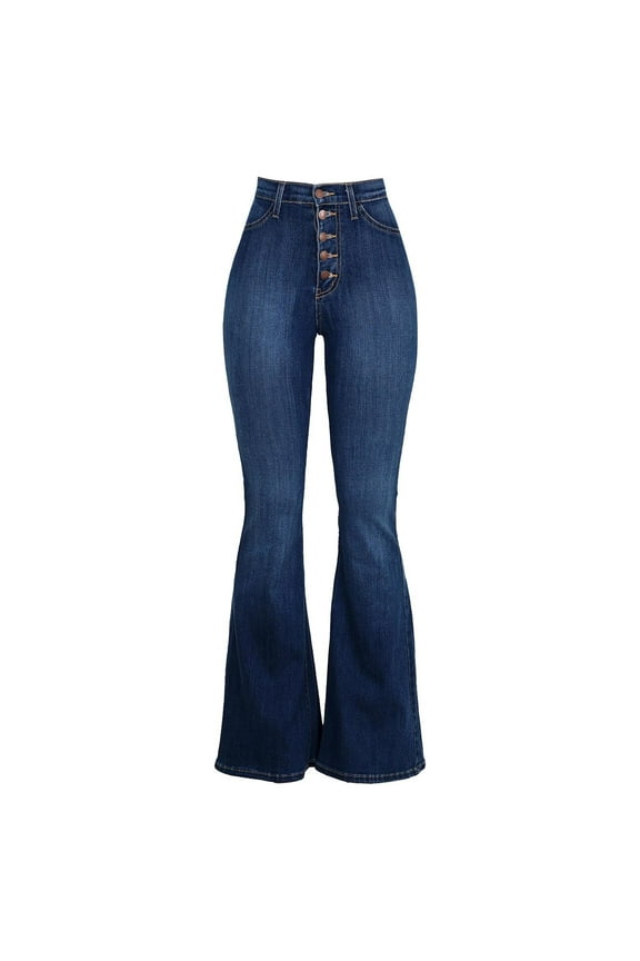 Boot-Cut Pants for Women Fashion Fall Winter Long Trousers High-waist Teenagers Classic Denim Buttons Skinny Comfy Lounge Casual Solid Color Pocket Blue XL