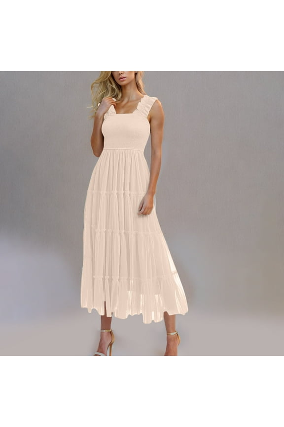 Under $10 Cagogo Summer Midi Tulle Sun Dress for Women Ruffle Tiered Smocked 2025 Wedding Guest Dresses Sleeveless Flowy Swing Square Neck Casual Beach Vacation Dress