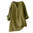 thumbnail image 1 of Clearance under $10 Charella Women's Button V-Neck Rollable Long Sleeve Tee Shirts Loose Cotton Linen Tunic Shirt Summer Plus Size Trendy Blouse Khaki,M, 1 of 5