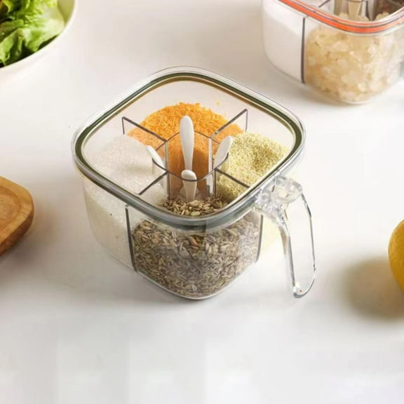 Clearance! Under $10 Clear Seasoning Box 4 Compartments Sealed Seasoning Box with Lid Seasoning Box with Cover and Serving Spoons Kitchen Condiment Jar