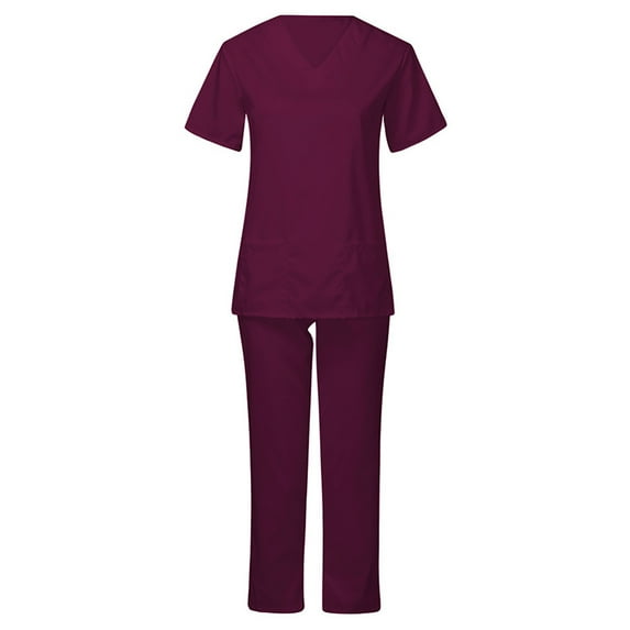 EGNMCR Scrub for Women Short Sleeve Solid Color V Neck Pocket Scrub Sets Nurse Suit 2 Piece Sets Workwear Spring