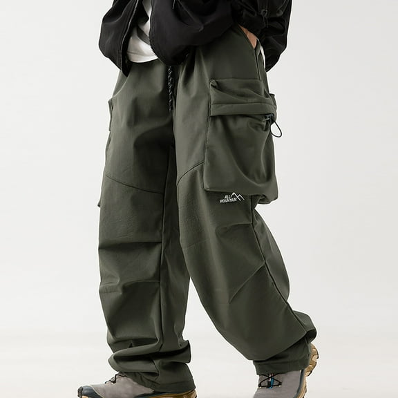 Under 10$Fashion Cargo Pants for Mens Baggy Plus Size Outdoors Water Proofing Thick Inside Design Solid Casual Elastic Waist Pocket Cargo Pants