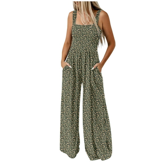 Clearance Under 10$!Fashion Jumpsuits for Women Tummy Control Summer Plus Size Elastic Waist Loose Printing Sleeveless Pockets Wide Leg Long Pant Jumpsuit