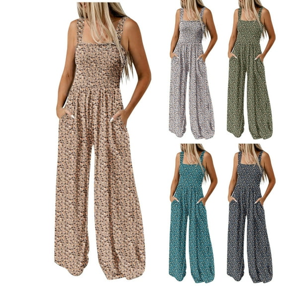 Clearance Under 10$!Fashion Jumpsuits for Women Tummy Control Summer Plus Size Elastic Waist Loose Printing Sleeveless Pockets Wide Leg Long Pant Jumpsuit