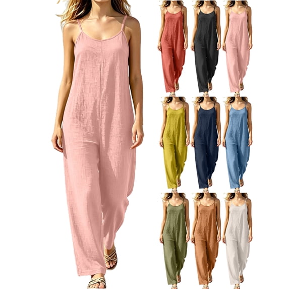 Fashion Jumpsuit for Womens Plus Size Spring And Summer Sleeveless Solid Color With Pockets Wide Legs Jumpsuit