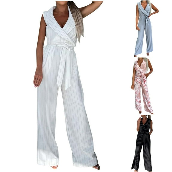 Clearance Under 10$!Fashion Jumpsuits for Women Tummy Control Summer Plus Size Printed Jumpsuit, Comfortable And Casual New Product, Lapel Tie Up Straight High Waisted Pants