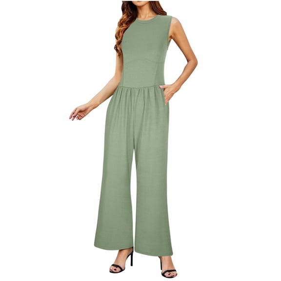 Fashion Jumpsuits for Women Tummy Control Summer Plus Size Solid Color Sleeveless Wide Leg Jumpsuit Dressy Ribbed Jumpsuit With Tank Romper
