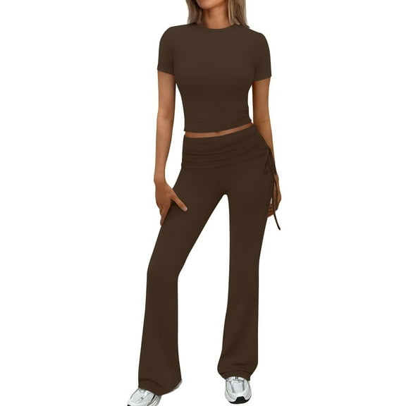 Fashion Plus Size 2 Picec of Sets for Womens Summer and Fall Casual Spring And Solid Color Short Sleevele Round-Neck Blouses Long Pant Elastic Waist Sets