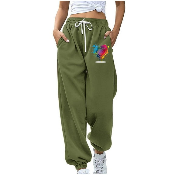 Clearance Under 10$!Fashion Plus Size Sweatpants for Womens High Waist Heart-shaped Printed Sports Loose Casual Wide Leg Drawstring Pocket Sweatpants Long Pants