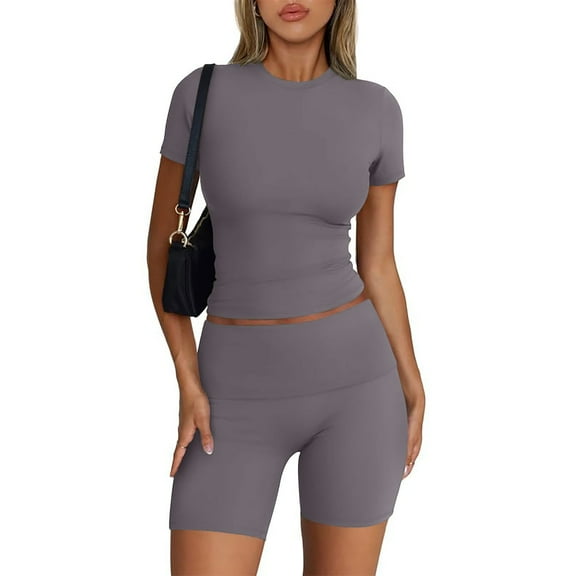 Fsshion Two Piece of Sets for Womens Summer Plus Size Casual Solid Color Short Sleevele Round-Neck Blouses Tops Shorts Elastic Waist Sets