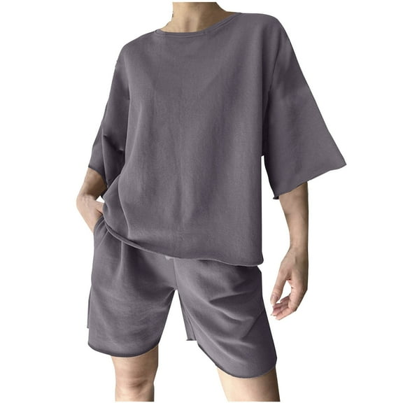 Fsshion Two Piece of Sets for Womens Summer Plus Size Solid Color Casual Loose Fitting Drawstring Sports Hoodies Short Sleeve Round-Neck Blouses Sets