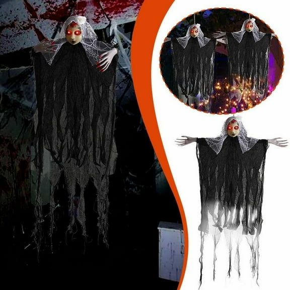 Clearance Under $10 Halloween Decorations Outdoor Halloween Hanging with Sound&Flexible Arms Light Up Creepy Sound Expressions Large Scary Halloween Animated for House Yard Black