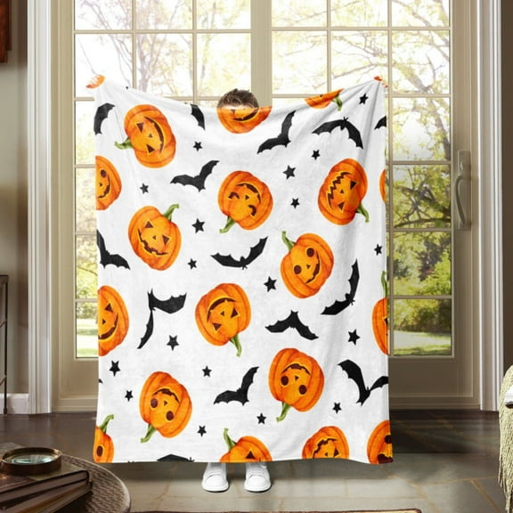 Clearance Under $10 Halloween Pumpkins Bats Rustic Orange & White Ultra Soft & Plush Throw Blankets Flannel Sofa Blanket Air Conditioning Cover Blanket