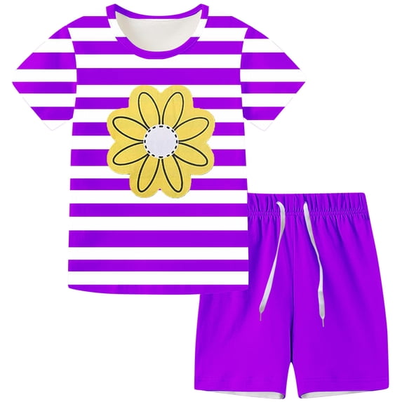Clearance Under $10 Honeeladyy Children Casual Short Sleeved Shorts With Drawstring Home Print Sports Men And Women Summer Two-piece Set for Daily Wear(Purple,8-9 Years)