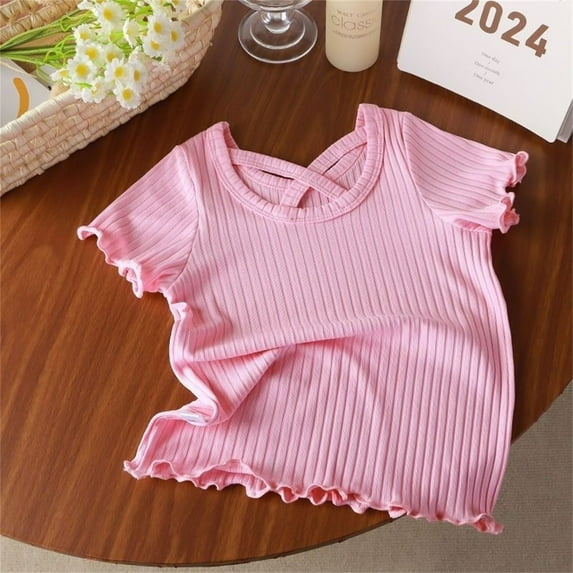 Clearance Under $10 Honeeladyy Solid Color Summer Girl Short Sleeved Fashionable Women Treasure Lotus Leaf Short Sleeved Foreign Style Ice Silk T-shirt for Beach(Pink,8-9 Years)
