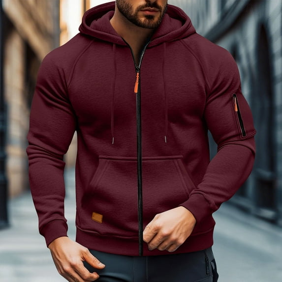 Hoodies for Men Long Sleeve Hooded Basic Sweatshirt Men's Cargo Solid Color Multiple Pockets Sports Ditness Training Raglan Long Sleeved Hooded Casual Jacket,Wine,L