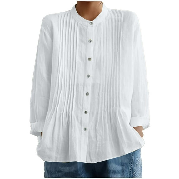 Purcolt Women's Long Sleeve Pleated Shirts V Neck Button Down Tunic Top Dressy Casual Loose Fit Basic Tee Shirt Blouses