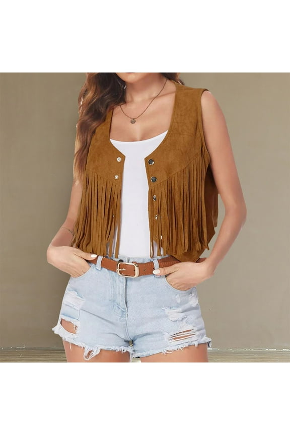 Womens Sleeveless Suede Tassel Cropped Jackets Open Front Lapel Fringe Motorcycle Cardigan Long Sleeve Drop Shoulder Lightweight Outerwear