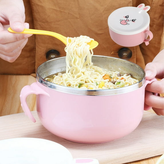 Clearance Under 10$! Kitchen Stainless Steel Double Layer Insulated Rabbit Fast Food Cup Large Capacity Plastic Stainless Steel Bowl With Lid Instant Noodle Bowl
