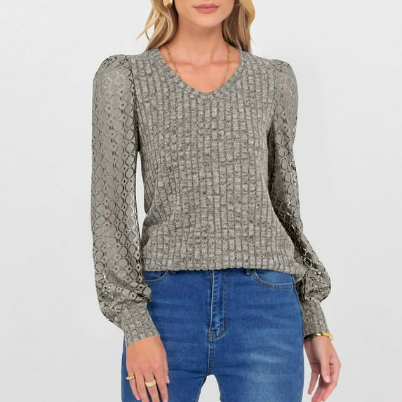 Long Sleeve Shirts Tops for Womens Sweaters Women's Solid Color Blouses Long Sleeved V-Neck Pullover Fashionable Top Lace Patchwork Blouse,Gray,L