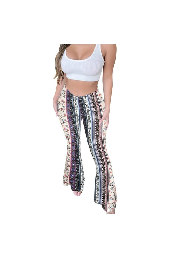 Women's Vintage Print Floral Boho Flare Pants High Waisted Stretch Bell Bottom Yoga Leggings Retro 70s Wide Leg Hippie Pants Trousers