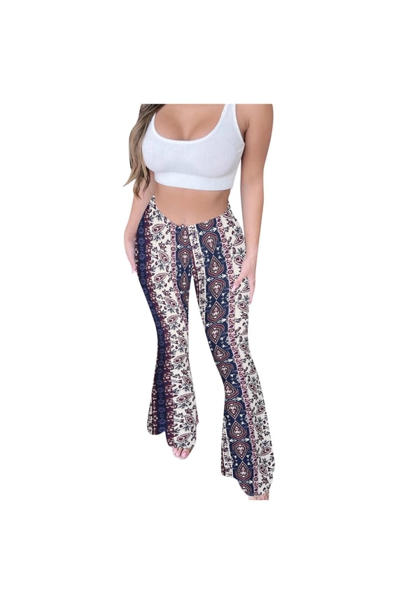 Women's Vintage Print Floral Boho Flare Pants High Waisted Stretch Bell Bottom Yoga Leggings Retro 70s Wide Leg Hippie Pants Trousers