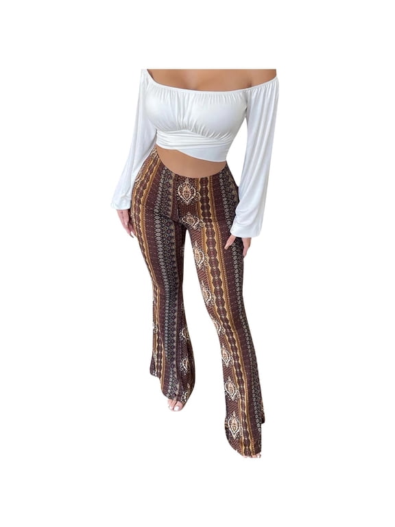 Women's Vintage Print Floral Boho Flare Pants High Waisted Stretch Bell Bottom Yoga Leggings Retro 70s Wide Leg Hippie Pants Trousers