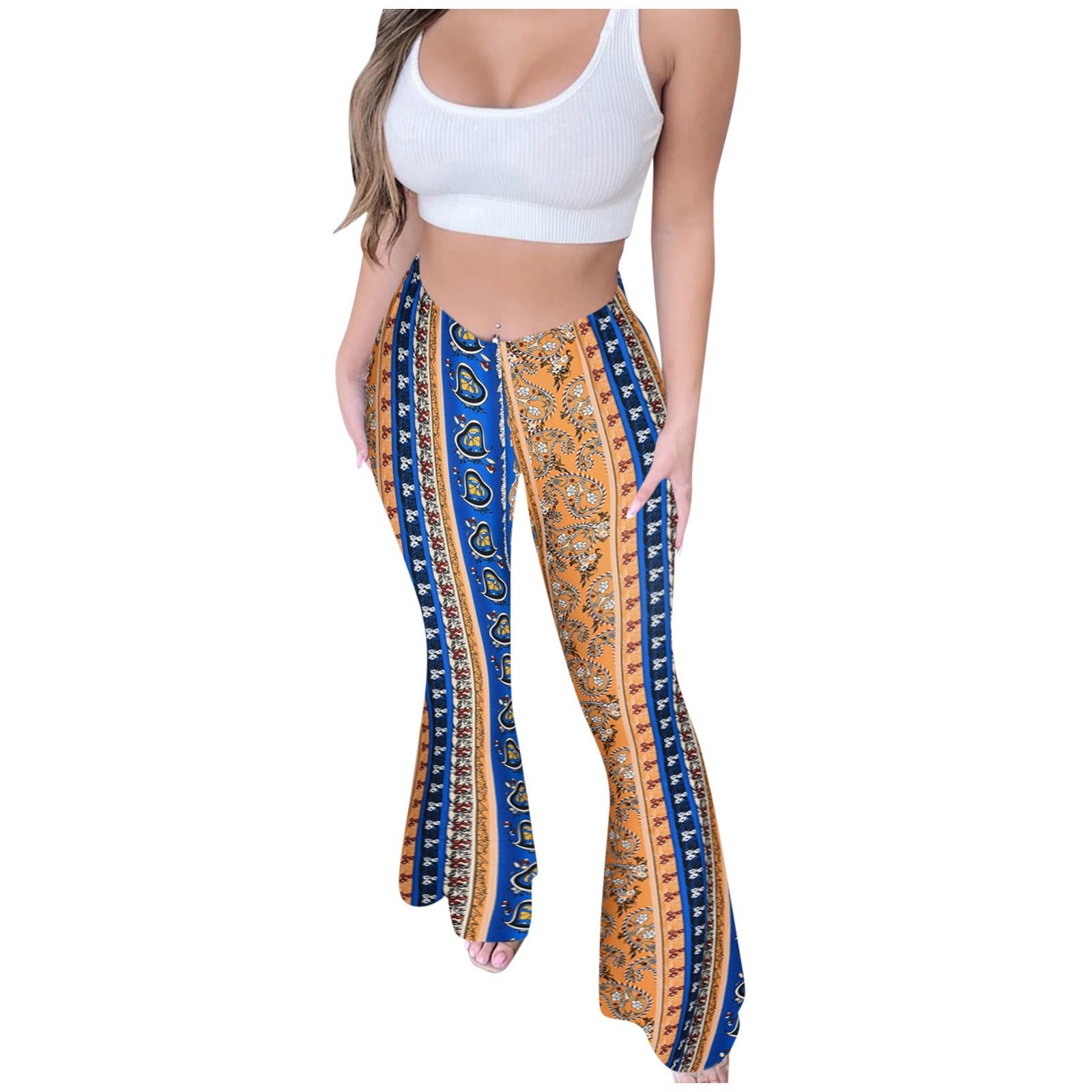 Hippie Pants Tribal Print Flare Pants Miqool Women's Vintage Print Floral Boho Flare Pants High Waisted
