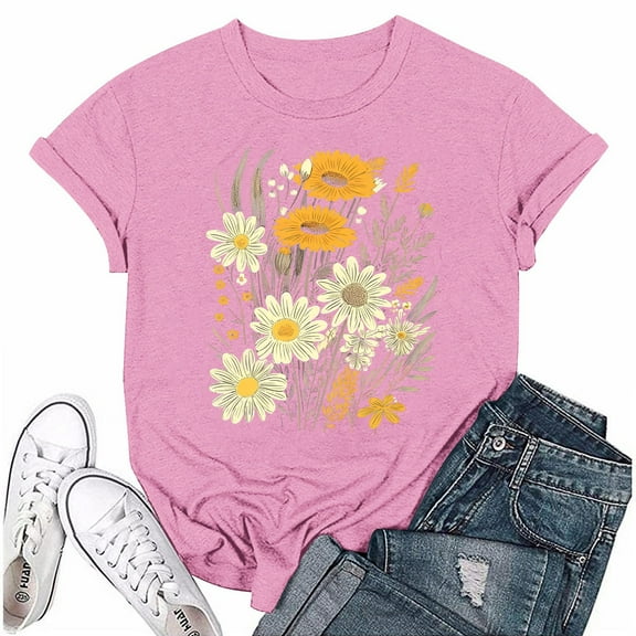 NAMTYQX Casual Tops for Women Graphic Round Neck Lightweight Cute Bedrucktes Short Sleeve Baggys Breathable Plus Size Women's Blouses Saffron Size S